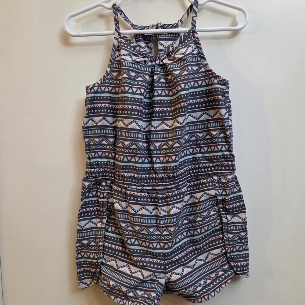 Maggie & Zoe Girls 4T Geometric Tribal Print Halter Romper Navy Pink Mint